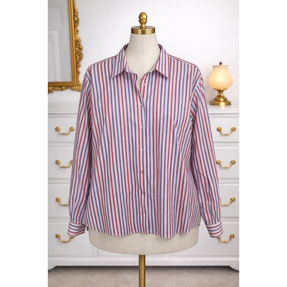 Foxcroft Wrinkle Free Shaped Fit Button Front Shirt Pink Purple Striped Size 18